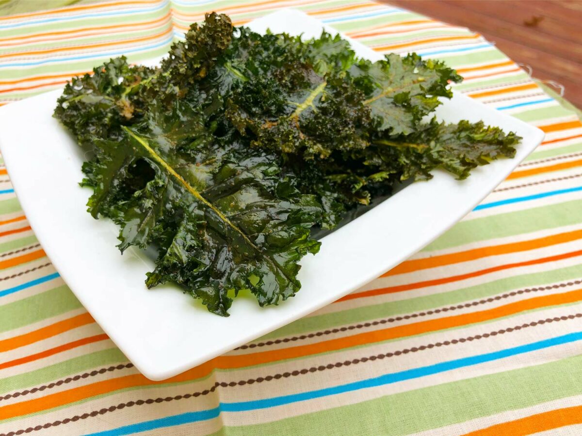 kale chips in a white bowl